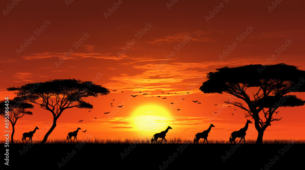 Silhouette Animals safari in the sunset