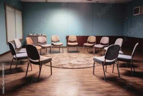 cozy circle of empty chairs in a meeting room © altitudevisual