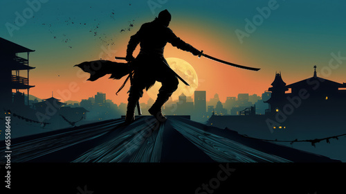 silhouette Ninja standing action on the rooftop of Japanese culture photo