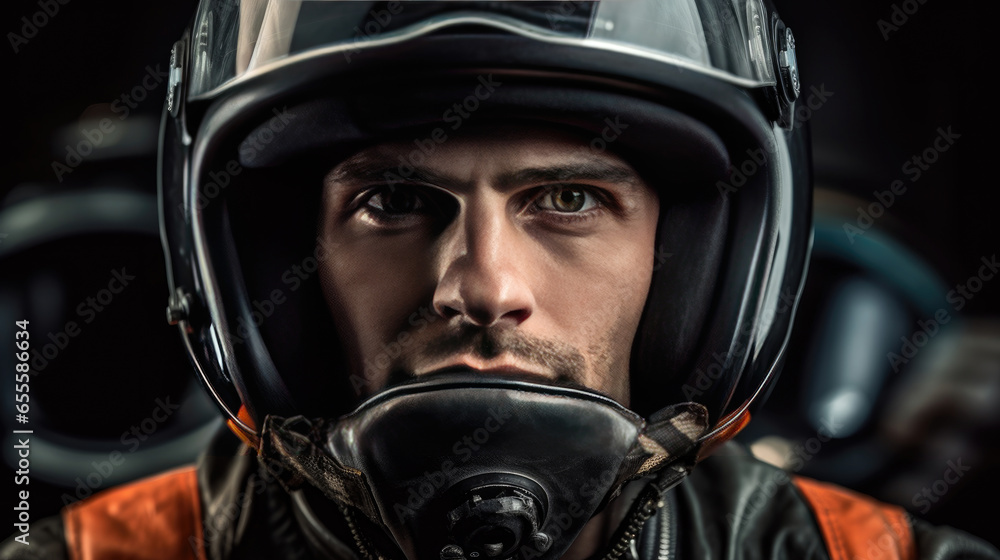 A handsome man in motorcycle helmet. Generative Ai