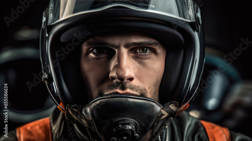 A handsome man in motorcycle helmet. Generative Ai