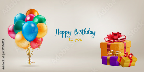 Festive birthday illustration with a bunch of colored helium balloons, several gift boxes with ribbons and bows and inscription Happy Birthday to you on light background