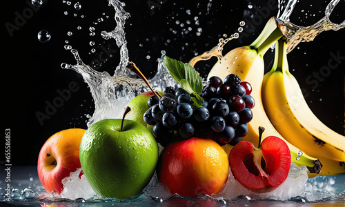 multi fruits splash by water for commercial
