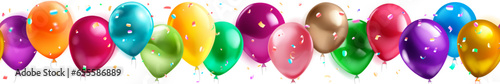 Festive birthday seamless banner with a colored helium balloons and pieces of serpentine on white background