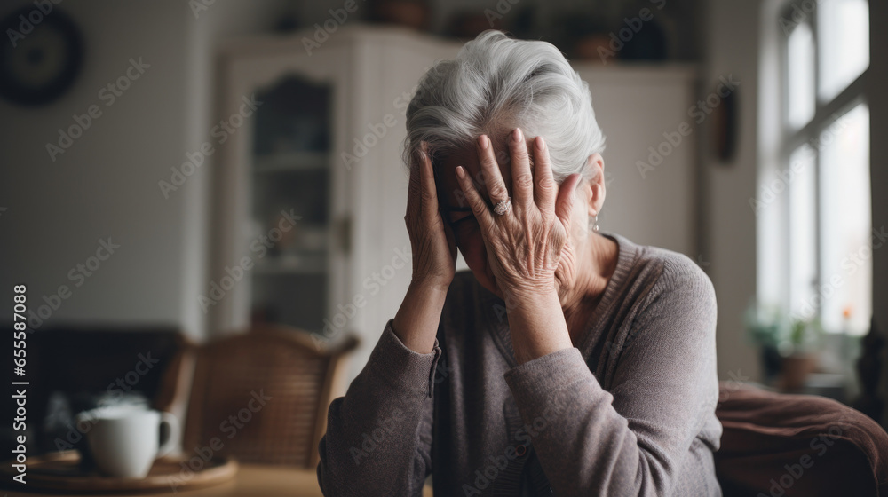 Elderly woman person suffering from Alzheimer's hand holding head in the living room - obrazy, fototapety, plakaty 