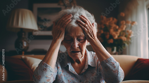Elderly woman person suffering from Alzheimer's hand holding head in the living room