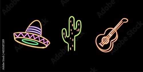 Neon Sombrero and Cactus Set, glowing desktop icon, neon sticker, neon figure, glowing figure, neon geometrical figures 