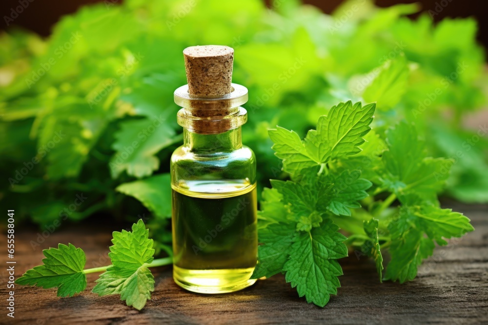 a dropper bottle of homeopathic liquid solution near green plants a dropper bottle of homeopathic liquid solution near green plants