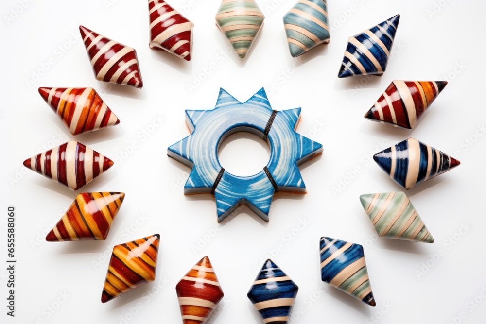Obraz premium several dreidels arranged in a circular pattern on white surface
