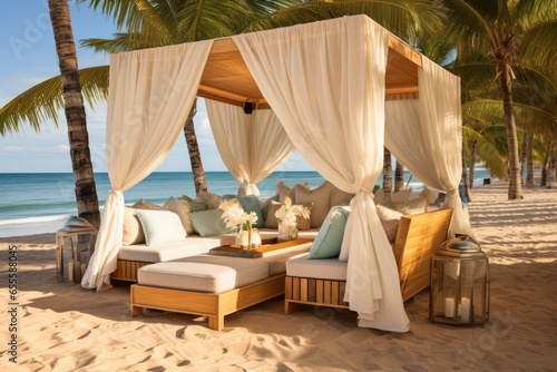 private beach cabana with lounge chairs and champagne