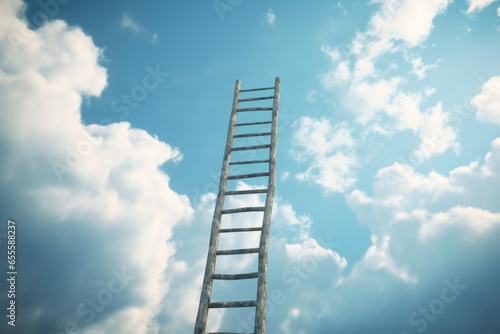 a ladder reaching up to a blue sky