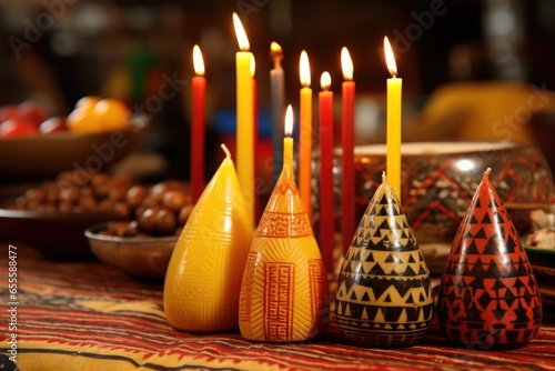 seven candles in a kinara with african handicrafts in the background