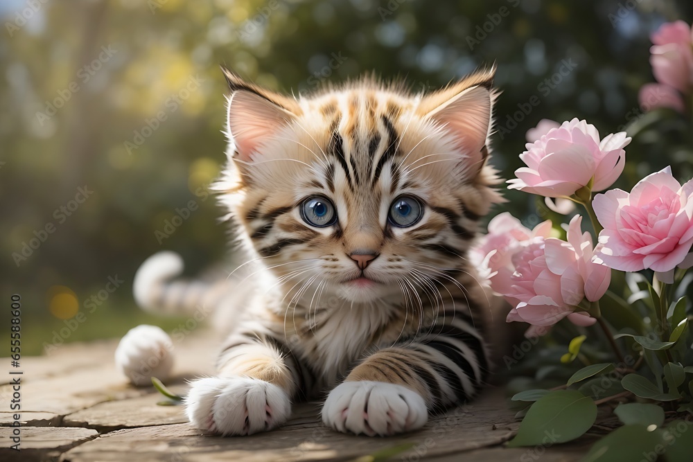 Kitten Feature Describe the kitten's facial features. Highlight its eyes—whether they ...
