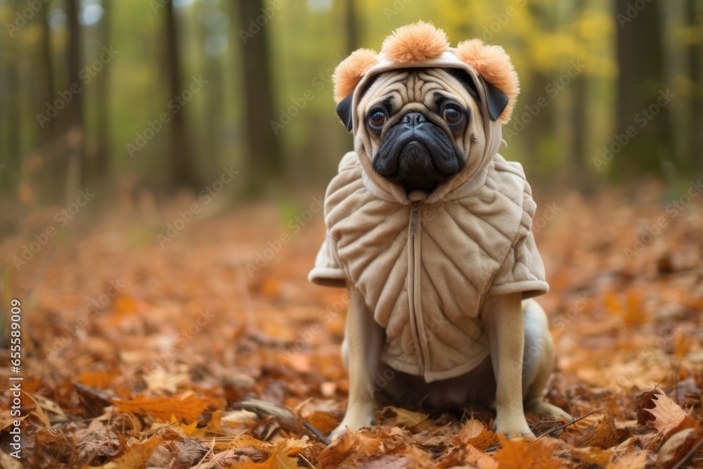 a pug wearing a lions mane costume