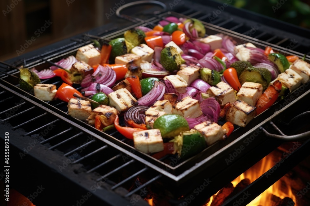 a garden grill with sizzling vegetables and tofu