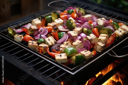 a garden grill with sizzling vegetables and tofu