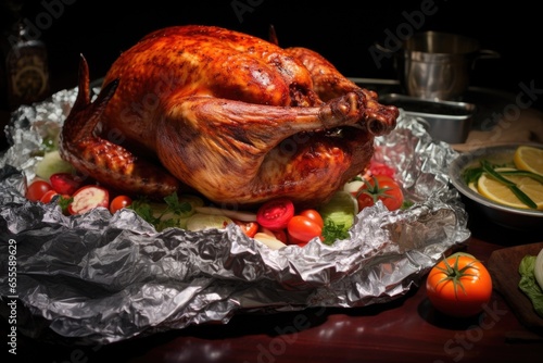 turkey being covered with aluminum foil photo