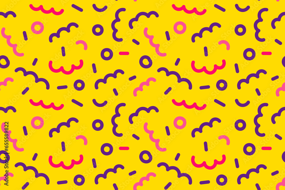 Creative cute squiggle print with colored abstract squiggles. Seamless pattern with doodles. design with basic shapes. Simple bright childish color scribble wallpaper print. Simple party confetti