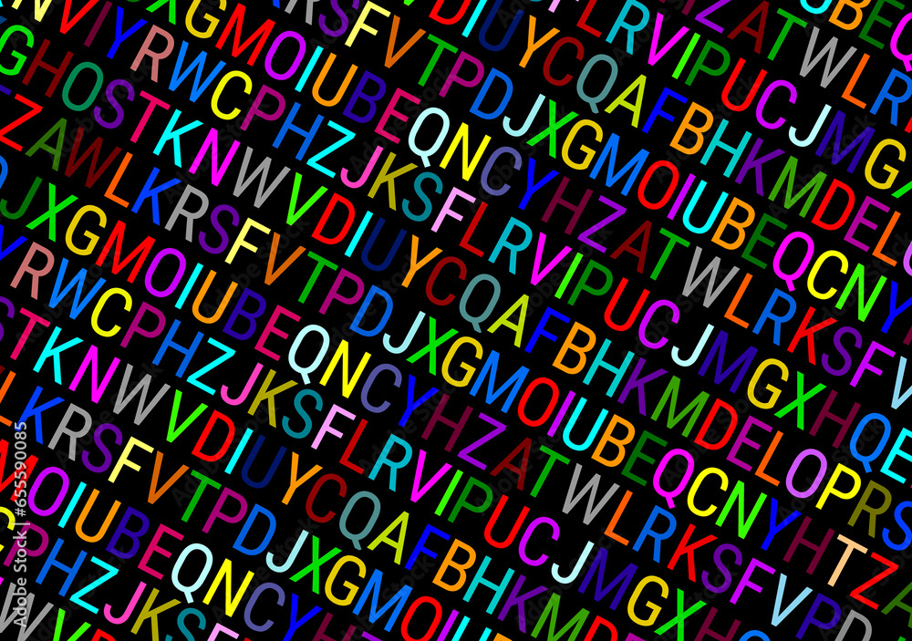 Many full color letters on a black background. All the letters of the alphabet in different colors, perfect for background Many full color letters on a black background. All the letters of the alphabet in different colors, perfect for background