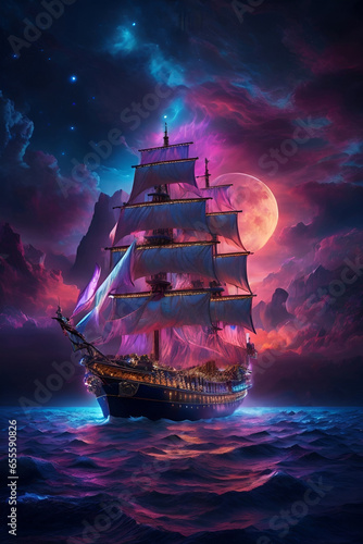 A pirate ship sails across seas under the Blood Moon clouds moon stars colorful detailed 4k