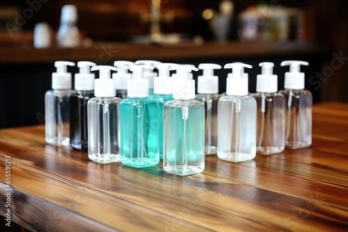 hand sanitizers on a wooden table © altitudevisual