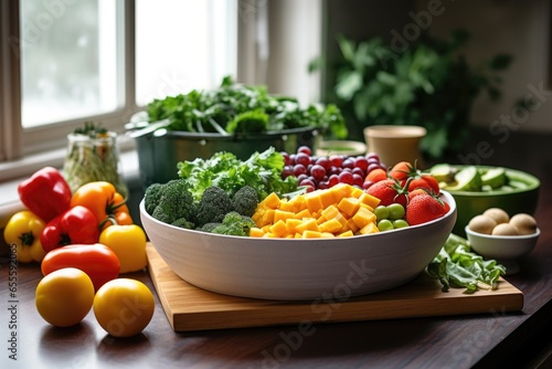 fruit bowl with fresh vegetables nearby