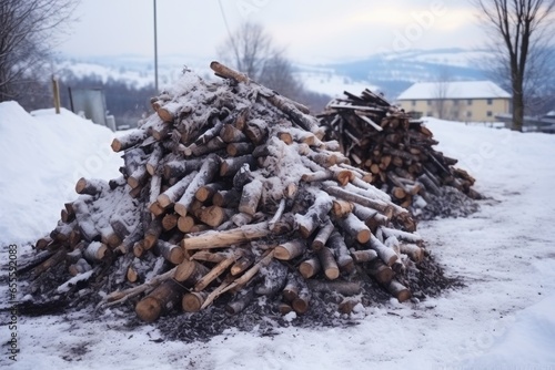 piles of ash from the finished bonfire in snow