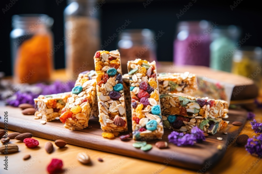 a colorful assortment of granola bars on a work desk