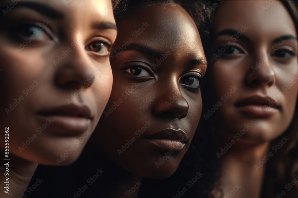 women face skin makeup multiracial, three multiracial women looking at camera. created with ai. women face skin makeup multiracial, three multiracial women looking at camera. created with ai.