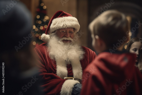 Child receiving gift from Santa Claus on Christmas Day. Created with AI. © Aida