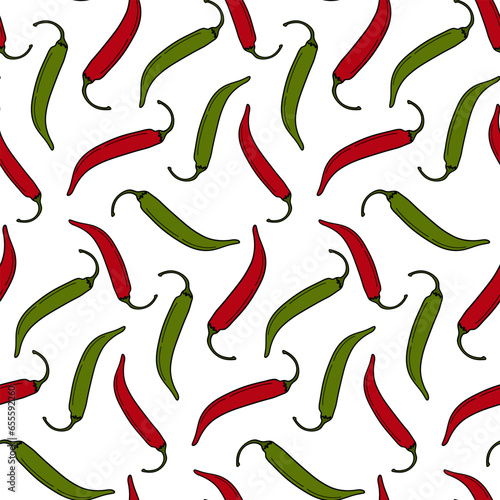 Seamless pattern with chili pepper red and green in trendy bright hues. Abstract background, texture