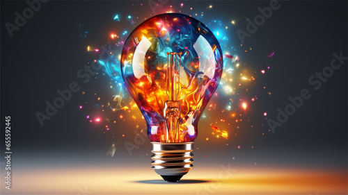 Creative light bulb explodes with colorful paint and colors. New idea, brainstorming concept. Banner. Ai generated