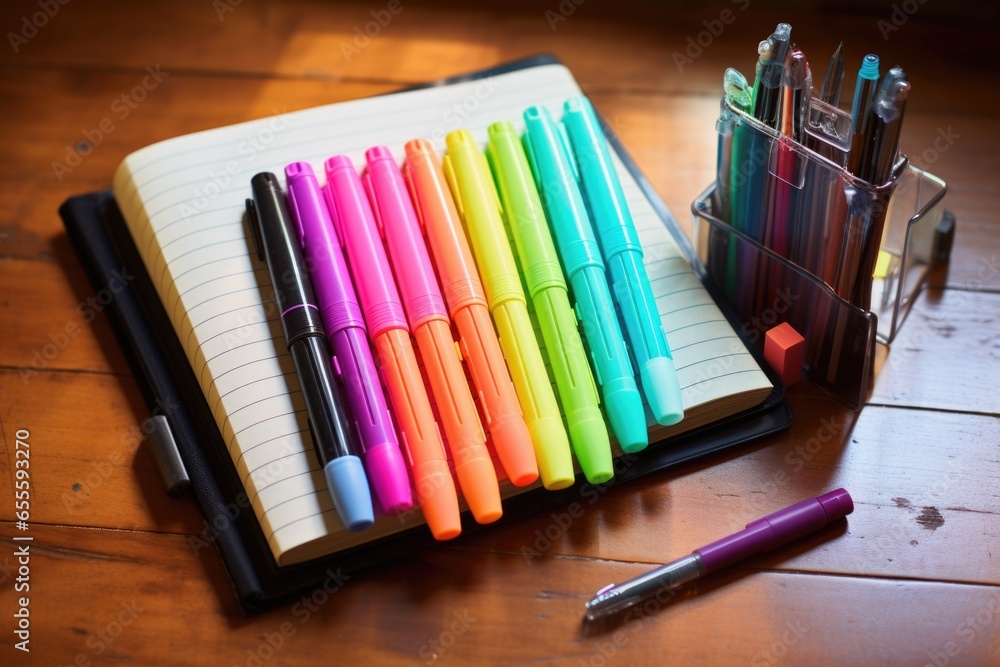 a collection of highlighters next to notebook with faded ink a collection of highlighters next to notebook with faded ink