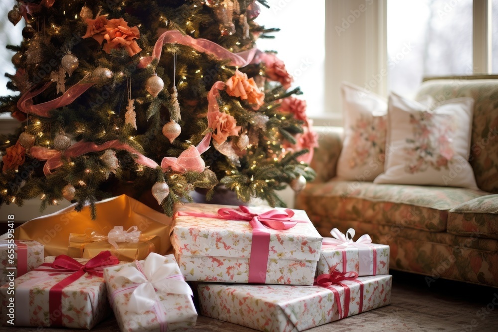 unwrapped gifts under a decorated holiday tree