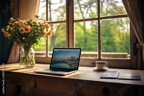 laptop sitting on a desk next to large french window