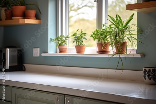 a neat kitchen counter featuring an open laptop and a plant
