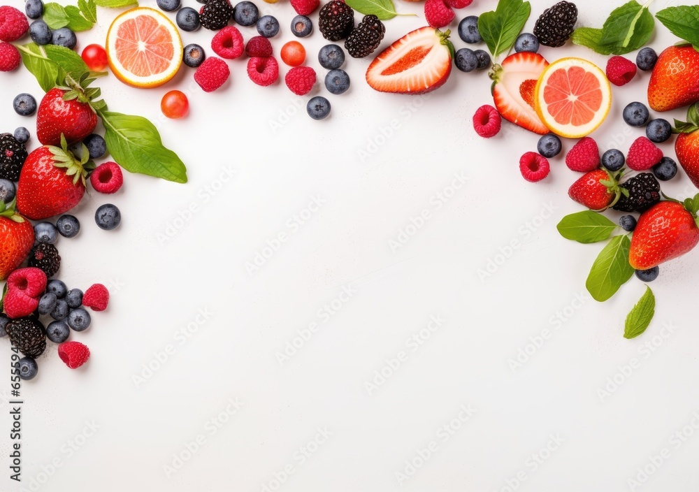 Frame of fresh berries on white background. copy space of berry frame. AI Generative. Frame of fresh berries on white background. copy space of berry frame. AI Generative.