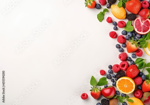 Frame of fresh berries on white background. copy space of berry frame. AI Generative.