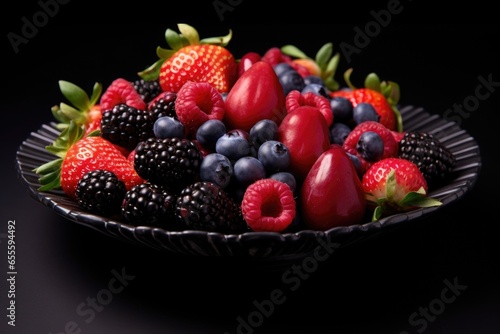 medley of fresh berries arranged on a dark plate