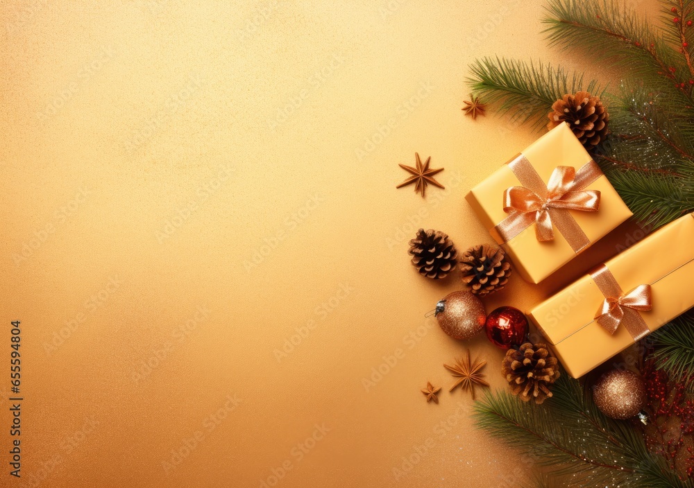 Christmas and new year border with fir branches and decoration ornaments elements on golden background. Realistic 3d design. Bright Christmas and New Year Christmas and new year border with fir branches and decoration ornaments elements on golden background. Realistic 3d design. Bright Christmas and New Year