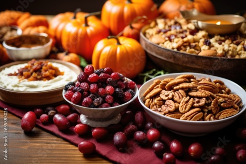 festive spread of cranberries, walnuts, and pumpkin photo