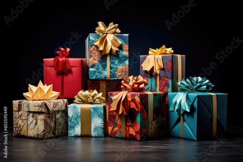 various shapes christmas boxes wrapped in holiday paper
