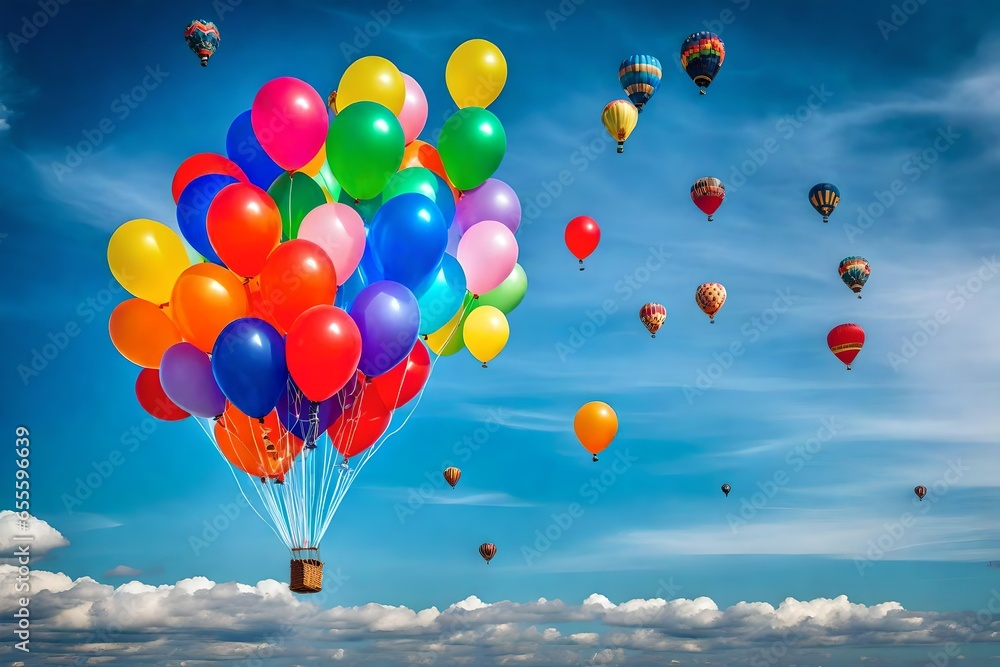 In contrast to a clear sky, a colorful balloon bouquet.
