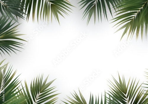 Group of green leaf frame on white. Summer palm leaves on White background  AI Generative.