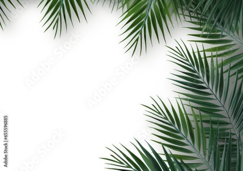 Group of green leaf frame on white. Summer palm leaves on White background  AI Generative.