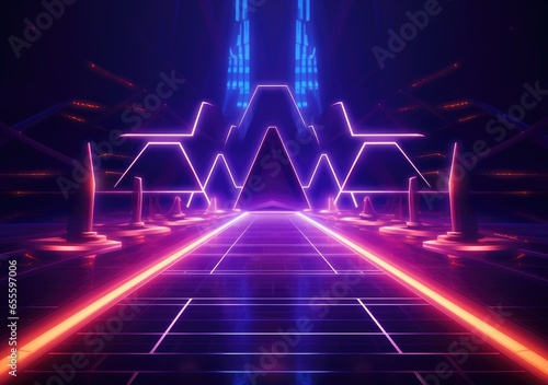 neon stadium stage, Glowing neon lighting and a blank platform for product placement, Satge platform for concert. AI Generative. photo