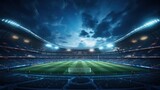 Soccer stadium with empty playground and crowdy tribunes at night. Illustration. Fish eye filter. Wide angle. AI Generative. concept of sport, championship, world cup, training, match.