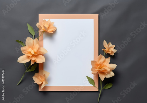 Composition with flowers and blank paper on a beige background. Greetind card mockup. AI Generative. photo