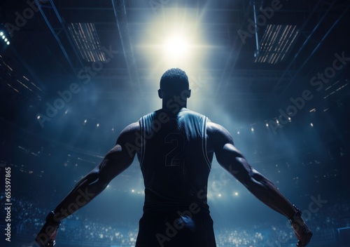 Rear view of a basketball player with his arms in the air in a gymnasium. Victorious basketball player raising his arms up. Ai generative.