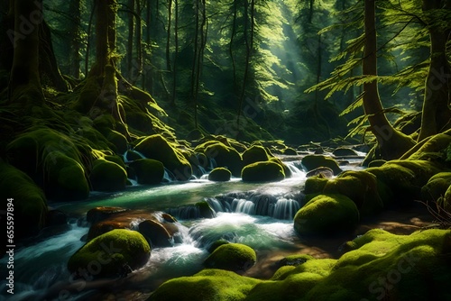 A mossy forest with a clear mountain stream flowing through it is lit up by sunbeams.